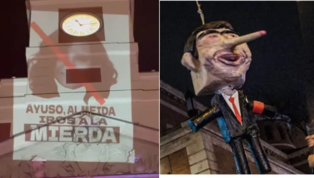 Los 'campistas de Sol' proyectan en el reloj insultos a Ayuso... ¿se montará el mismo escándalo que con el muñeco de Sánchez?