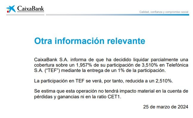 Hecho relevante de Caixabank sobre la participación en Telefónica