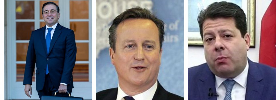 David Cameron, el hombre que rompió Europa, el degenerado 'niñobién' británico (en el centro de la imagen) y el sinvergüenza de Fabian Picardo (a la derecha), toman por idiotas a Sánchez y a Albares y aseguran que se sigue dialogando