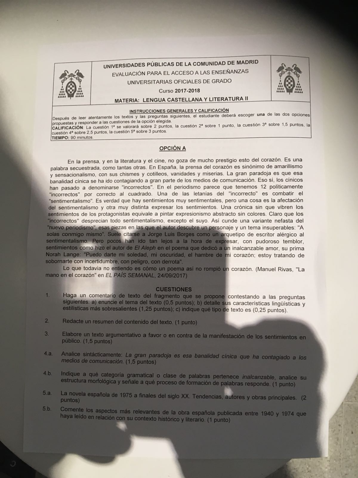 Comentario de texto de “Lengua castellana y literatura II” de la EVAU, julio de 2018.
