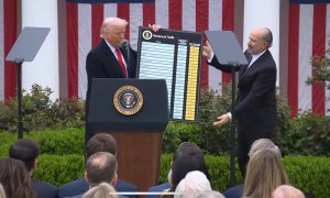 Donal Trump, junto al secretario de Estado de Comercio, Howard Lutnick, durante el anuncio de los aranceles