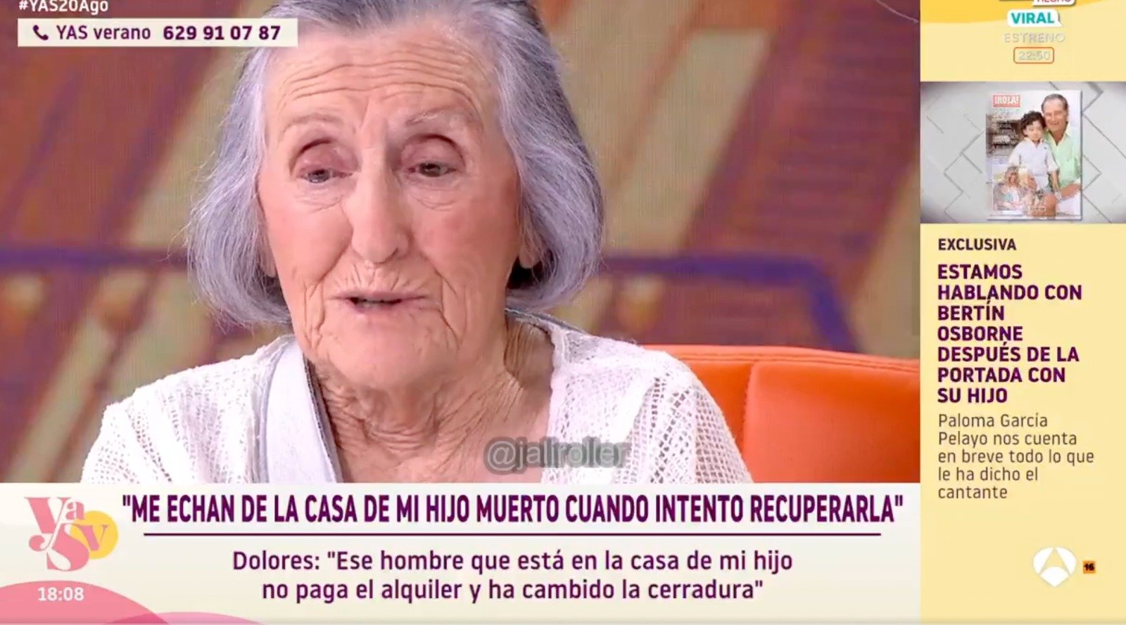 Dolores, una anciana de 90 años, cuenta en 'Tardear' en Telecinco la pesadilla por la que están pasando con su okupa Dolores, una anciana de 90 años, cuenta en 'Tardear' en Telecinco la pesadilla por la que están pasando con su okupa