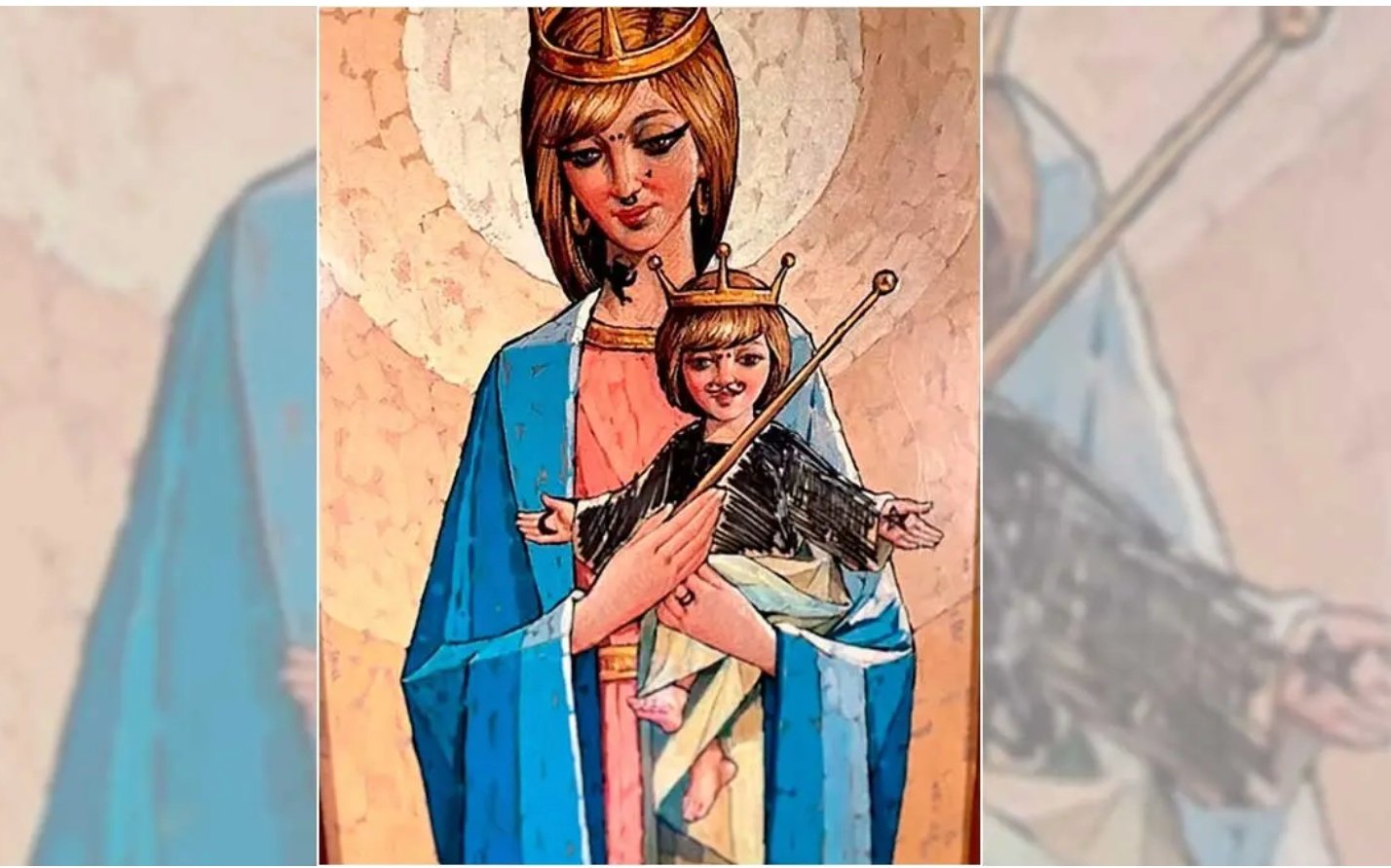 Pintadas a la Virgen y al niño de la ermita de la Malena, en la sierra de Bonés (Huesca)