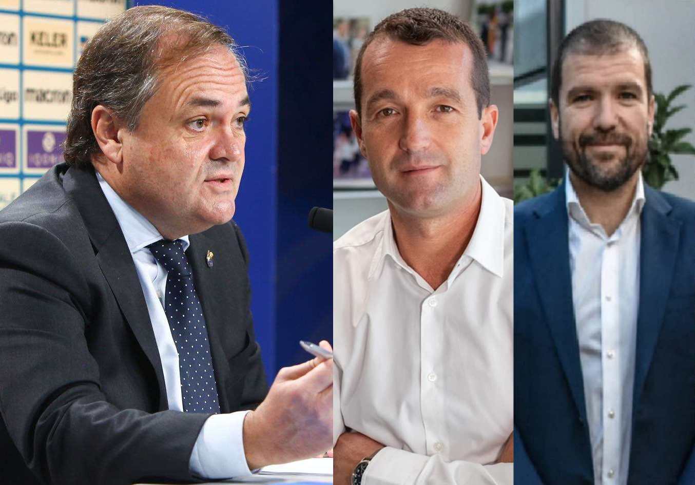 El presidente de Sapa y dueño del 7,9% de Indra, Jokin Aperribay (izquierda) planta cara a los hermanos Escribano, Javier, presidente de Indra,  y Javier, consejero de Indra y presidente de EME, que controlan el 14,3% de Indra