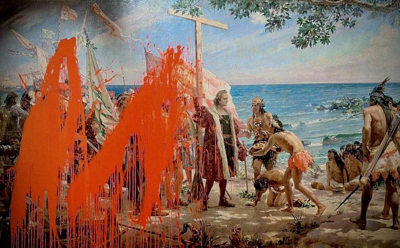 "Primer Homenaje a Cristóbal Colón" obra histórica de José Garnelo y Alda (1892) que conmemora el IV Centenario del Descubrimiento de América "Primer Homenaje a Cristóbal Colón" obra histórica de José Garnelo y Alda (1892) que conmemora el IV Centenario del Descubrimiento de América