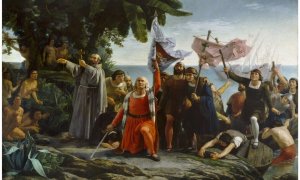 Primer desembarco de Cristóbal Colón en América, cuadro de Dióscoro Puebla y Tolín