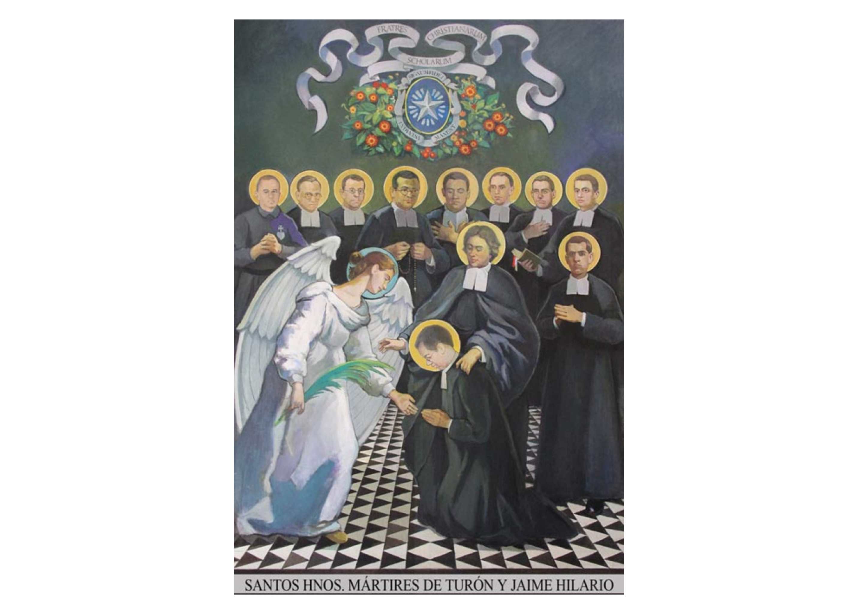 Cuadro de la capilla de la Iglesia parroquial de Mieres. El primero por la izquierda y de pie es el pasionista, San Inocencio de la Inmaculada, que aparece acompañado de los mártires de Turón (Asturias)