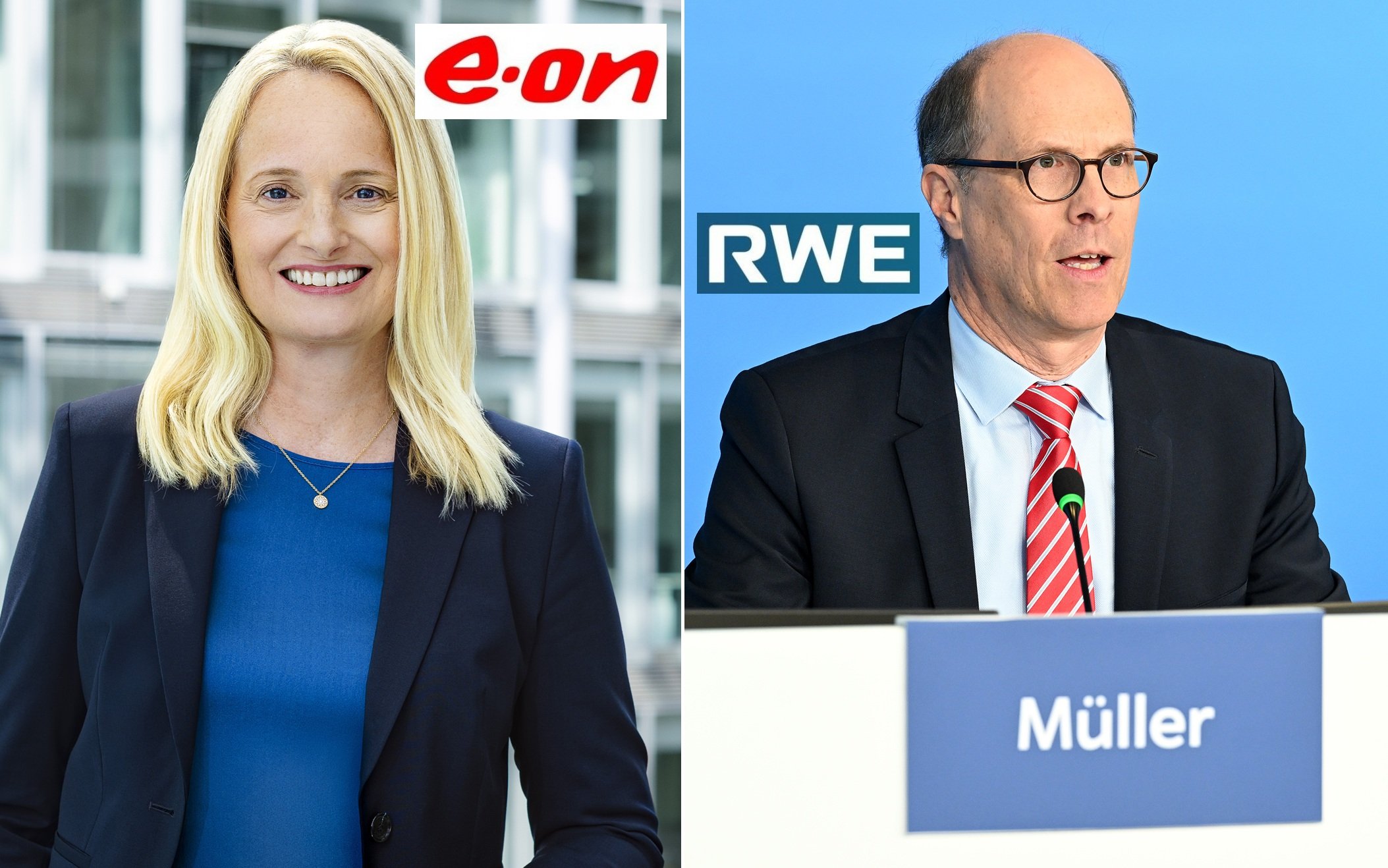 Nadia Jakobi y Michael Müller, directores financieros de E.On y RWE, respectivamente, están satisfechos con los resultados, aunque los de E.On son algo mejores y los de RWE gustan más al mercado por el anuncio de mayor dividendo