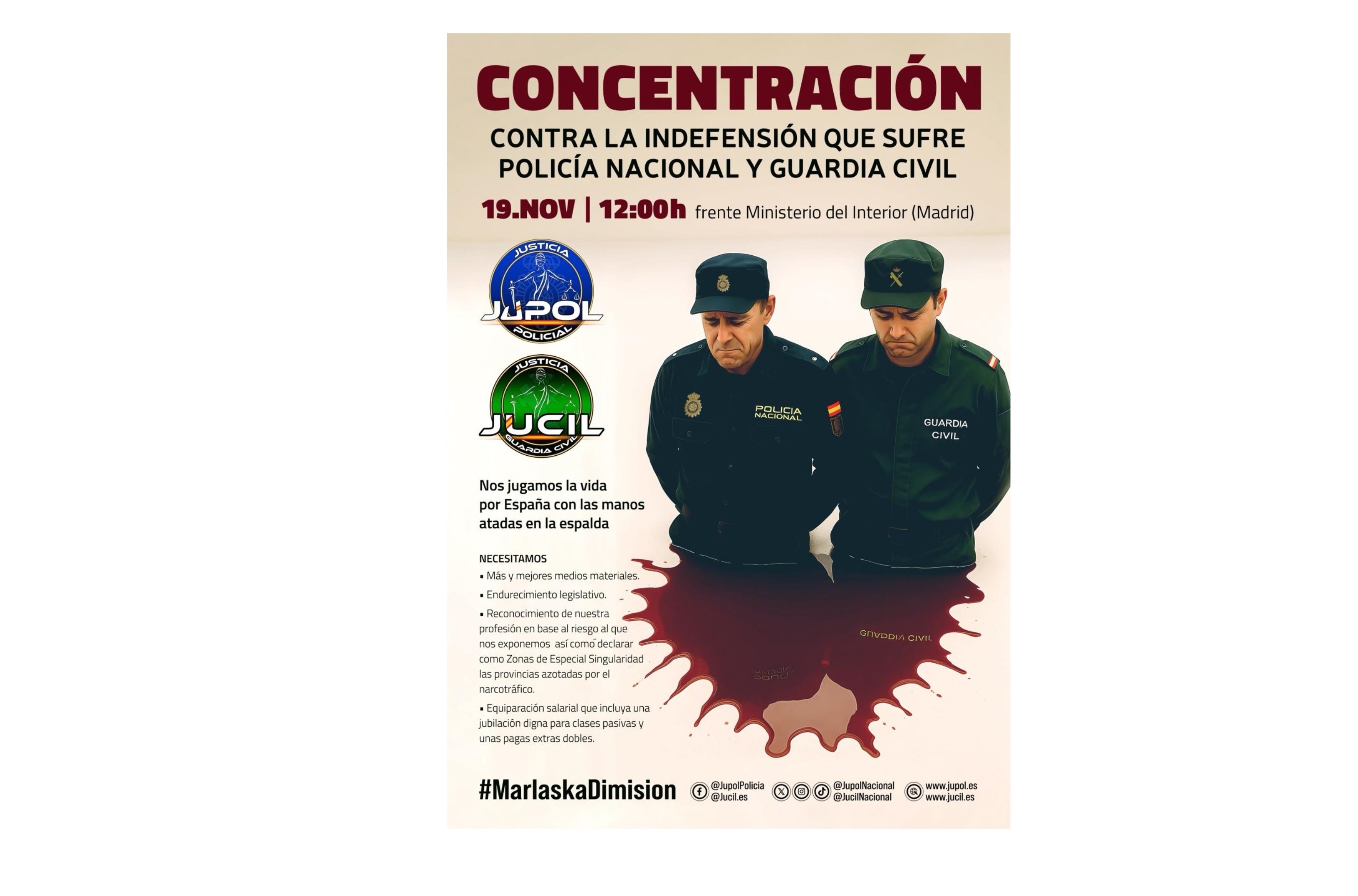 Esa misma reivindicación, la de contar con más recursos para ejercer su labor y no jugarse la vida, es con la que se van manifestar agentes, de la Guardia Civil y de la Policía Nacional, el miércoles 19 de noviembre, frente al ministerio del Interior Esa misma reivindicación, la de contar con más recursos para ejercer su labor y no jugarse la vida, es con la que se van manifestar agentes, de la Guardia Civil y de la Policía Nacional, el miércoles 19 de noviembre, frente al ministerio del Interior
