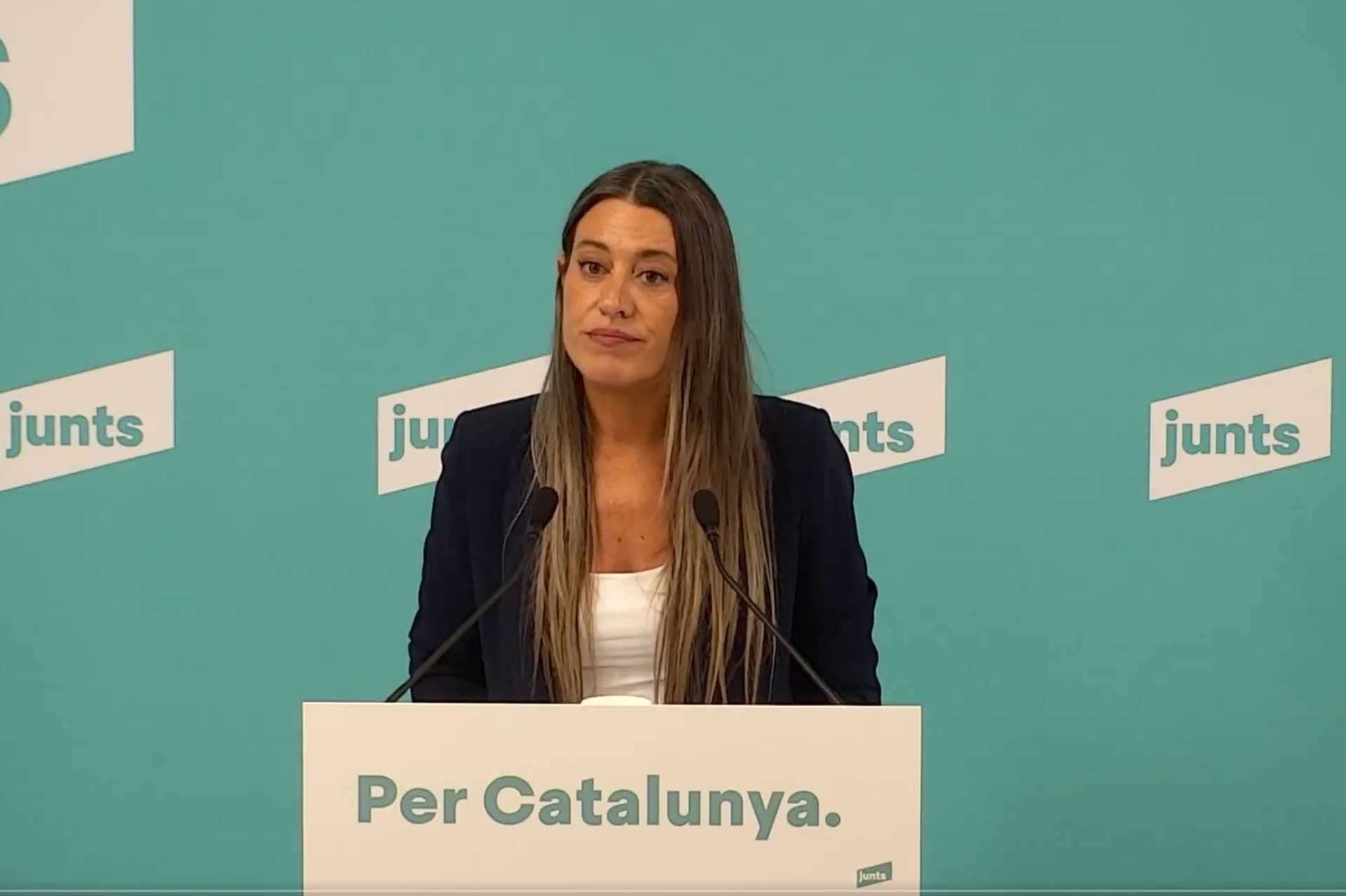 Miriam Nogueras, durante su comparecencia, este miércoles, en la sede de Junts, en Barcelona