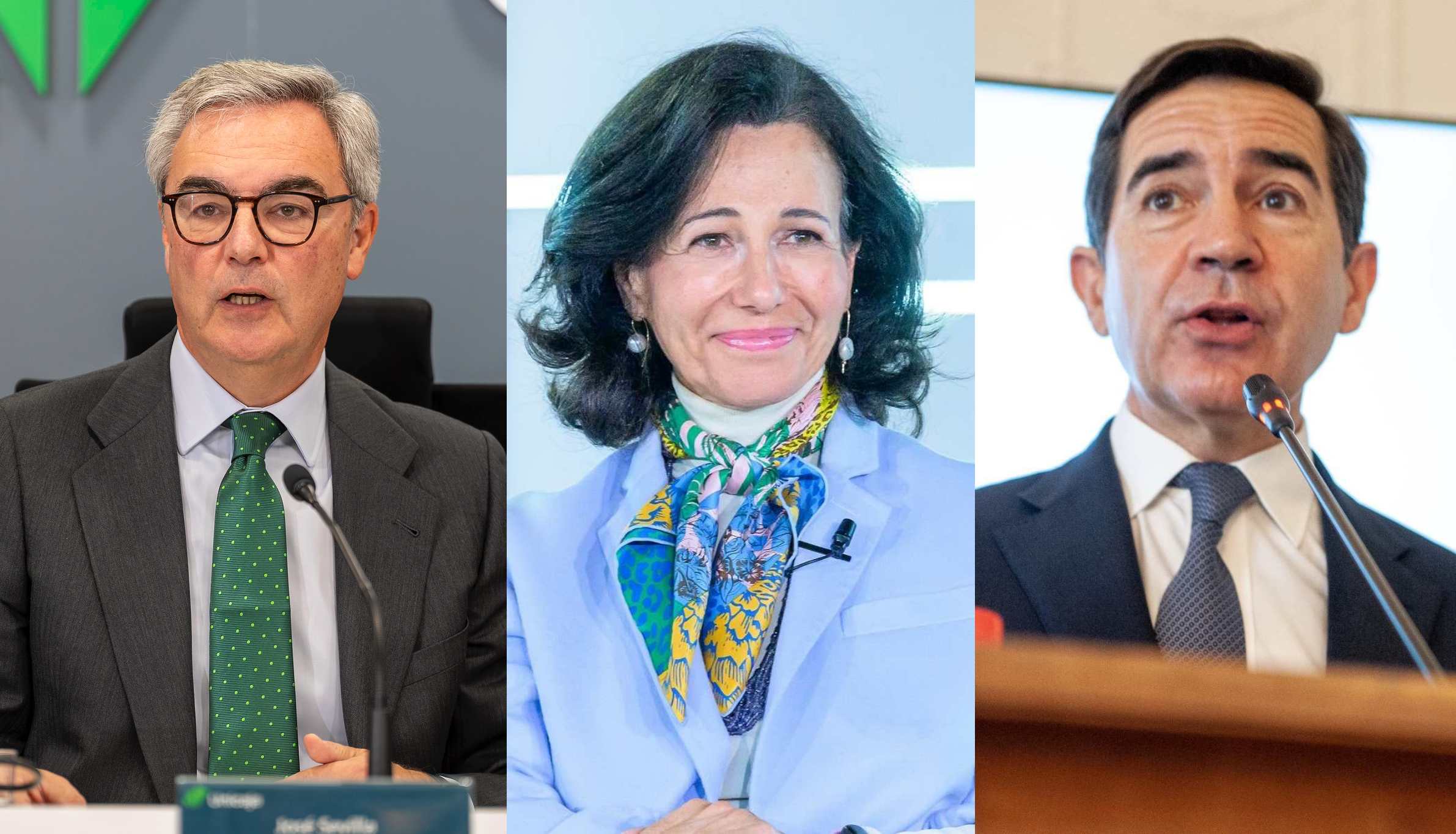 José Sevilla, presidente de Unicaja, Ana Botín, presidenta del Santander y Carlos Torres, presidente del BBVA