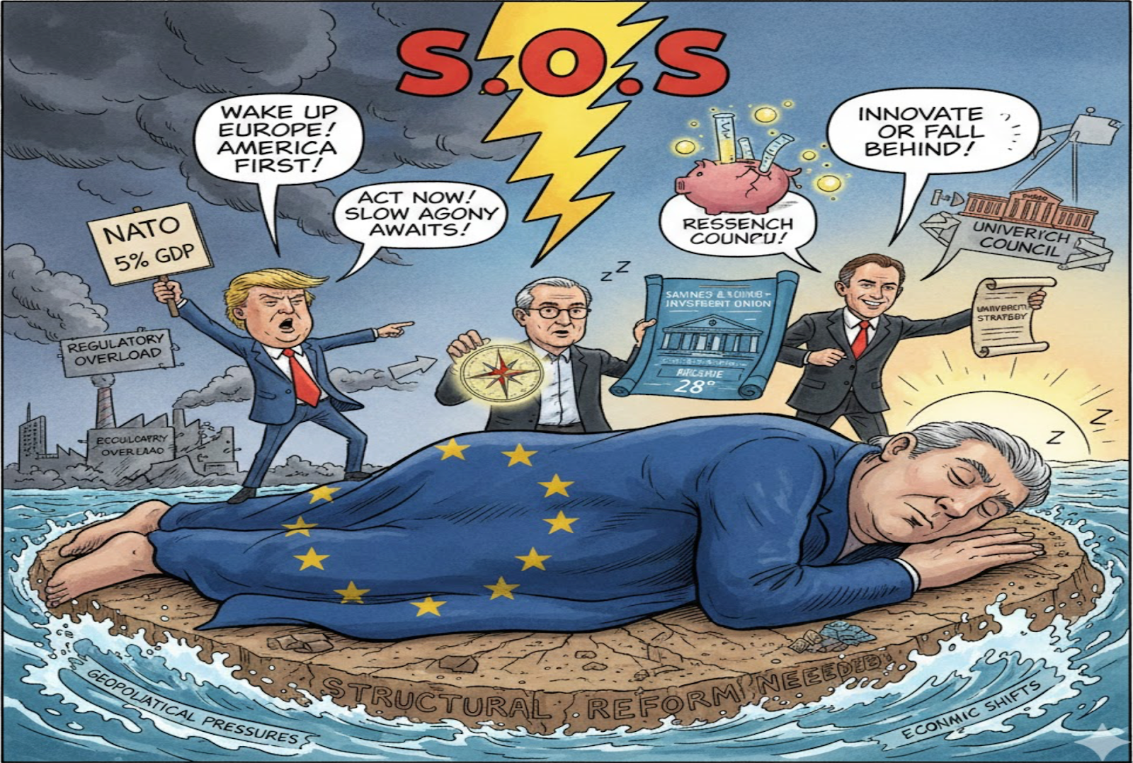 Tres figuras de peso global de distintas ideologías —Donald Trump,  presidente estadounidense; Mario Draghi,  ex-jefe del Banco Central Europeo; y Tony Blair, ex-Primer Ministro británico— han elaborado tres informes diferentes