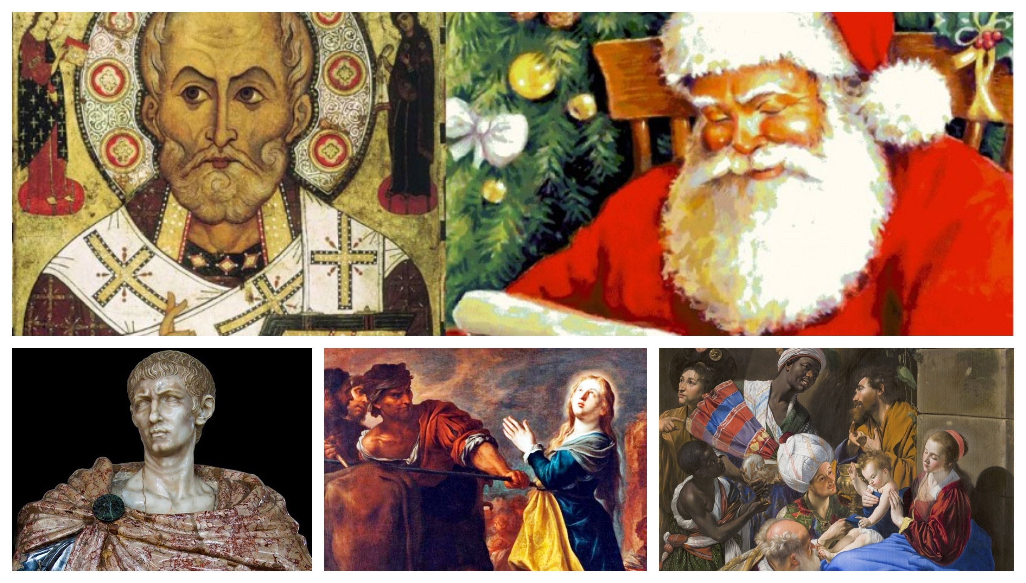 San Nicolás, hoy conocido como Santa Claus o Papá Noel. Debajo, Diocleciano y Santa Lucía y, a la derecha la Adoración de los Reyes Magos