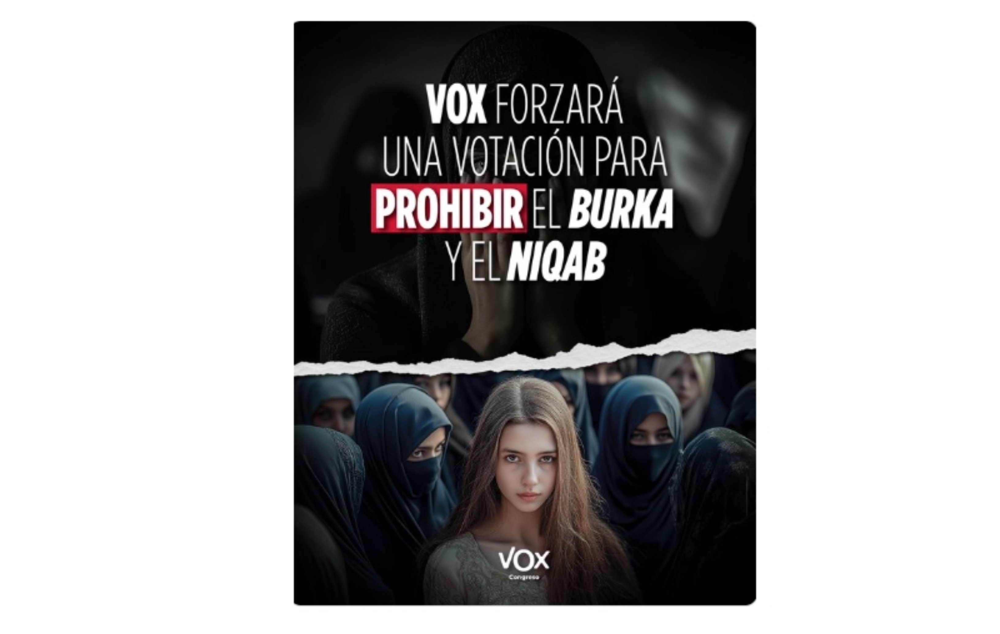 La sociedad española, sostiene Vox, «no puede aceptar que, al amparo de una ideología ajena y hostil a Occidente, se pretenda eliminar la identidad de las mujeres de la vida social, con el consiguiente ataque a su dignidad como personas», por ejemplo, con el niqab