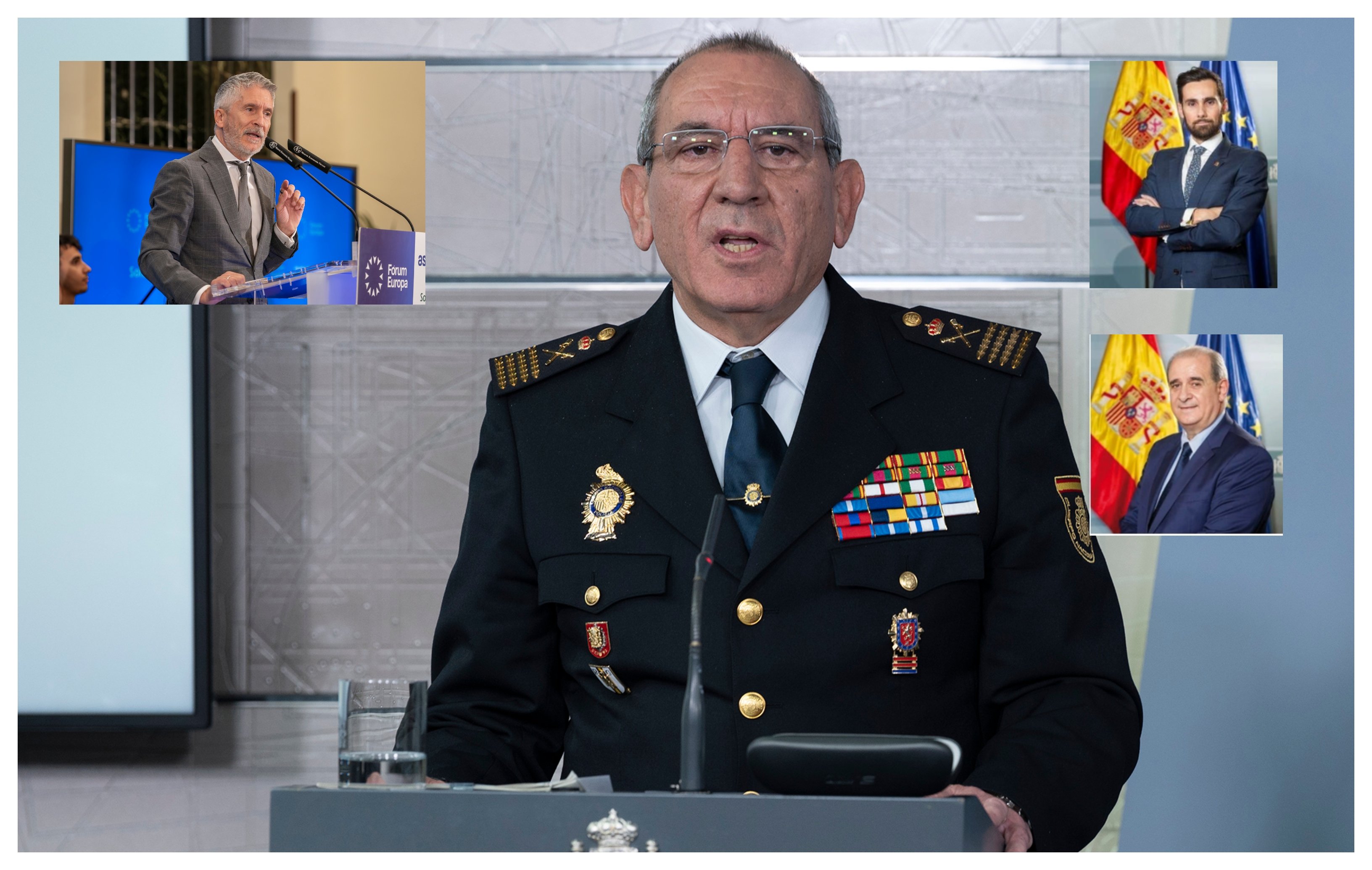 En el centro, el dimitido número dos de la Policía Nacional, José Ángel González, a su izquierda, Marlaska, y en la parte derecha de la imagen, Rafael Pérez (ex secretario de Interior) y debajo, Francisco Pardo, director general de la Policía