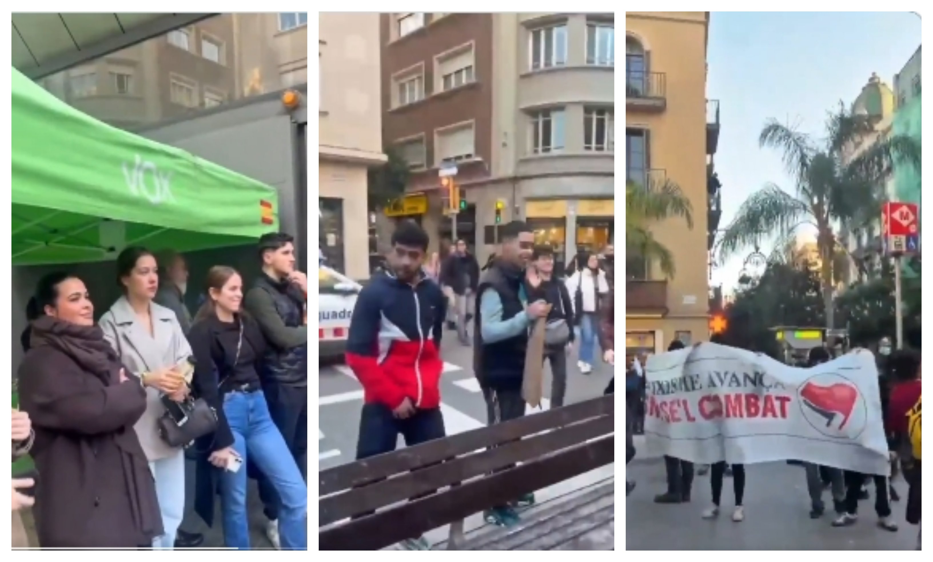 Varios inmigrantes de origen magrebí y miembros de la extrema izquierda insultando a los militantes de Vox y gritando «fuera España» e intentando intimidarlos mediante gestos obscenos y fuertes gritos