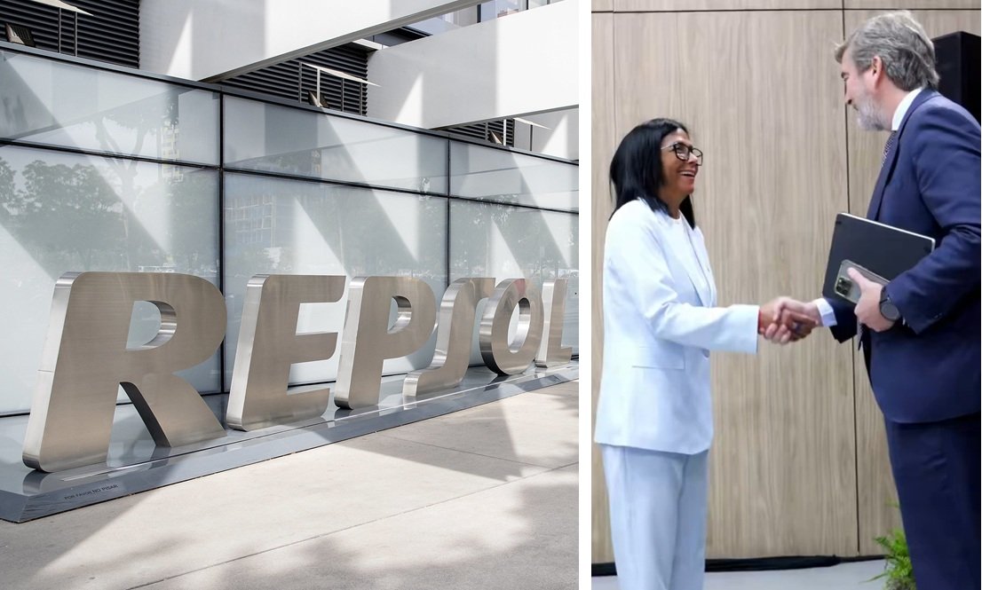 Gonzalo Antonio Carrillo saludando a la presidenta encargada de Venezuela, Delcy Rodríguez, con motivo del acuerdo firmado para garantizar el suministro de gas con Repsol y Eni