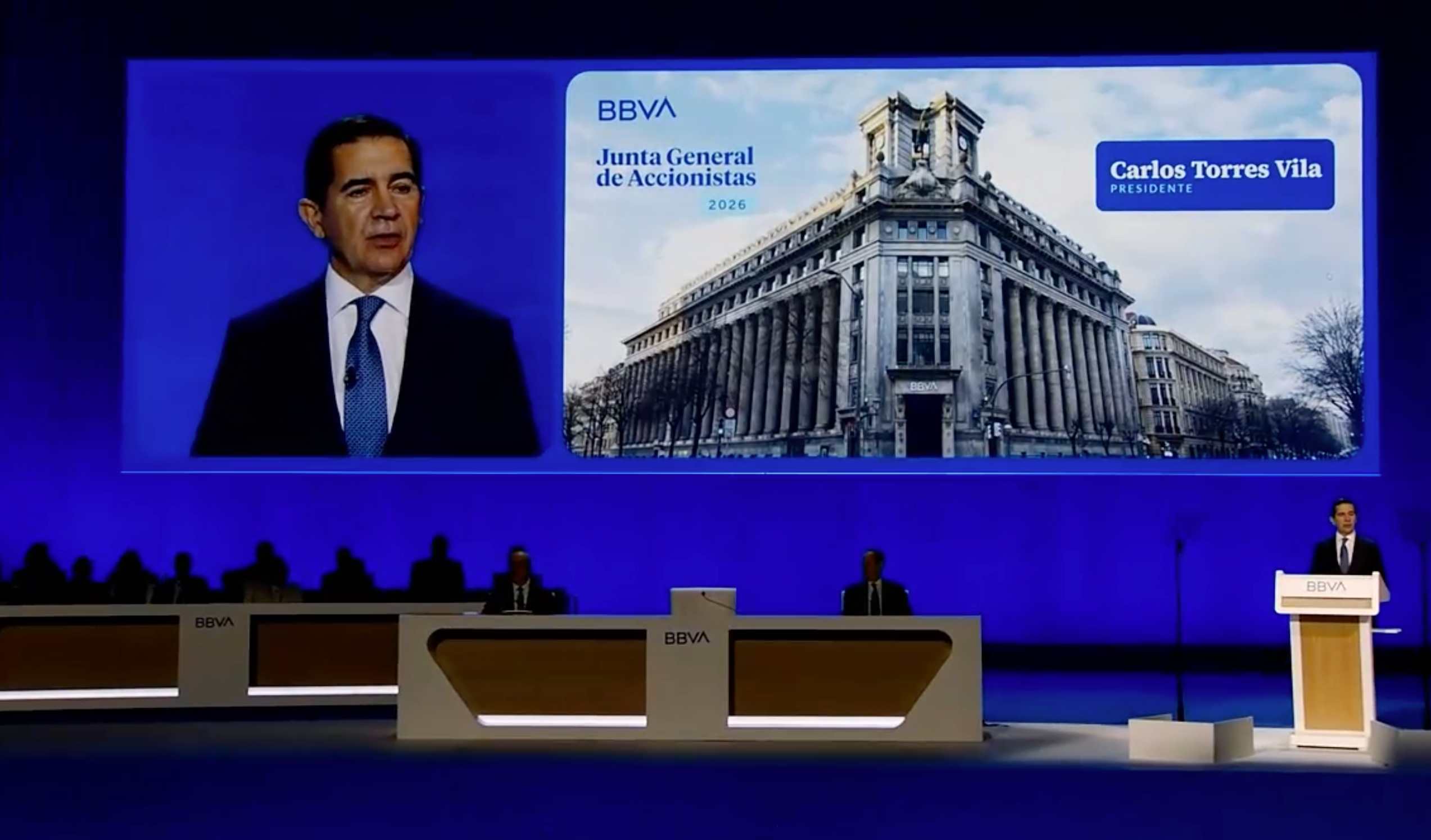 Carlos Torres, durante su intervención en la Junta del BBVA celebrada este viernes, en Bilbao