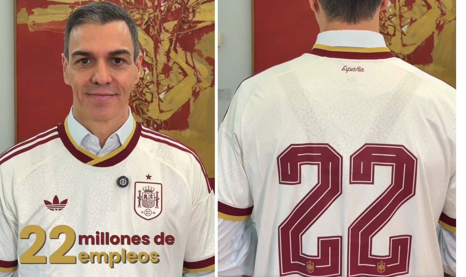 El ridículo llega con la mentira: Sánchez hace el vídeo con una camiseta de la selección española de fútbol, con el número 22 a la espalda, como guiño a los 22 millones de ocupados
