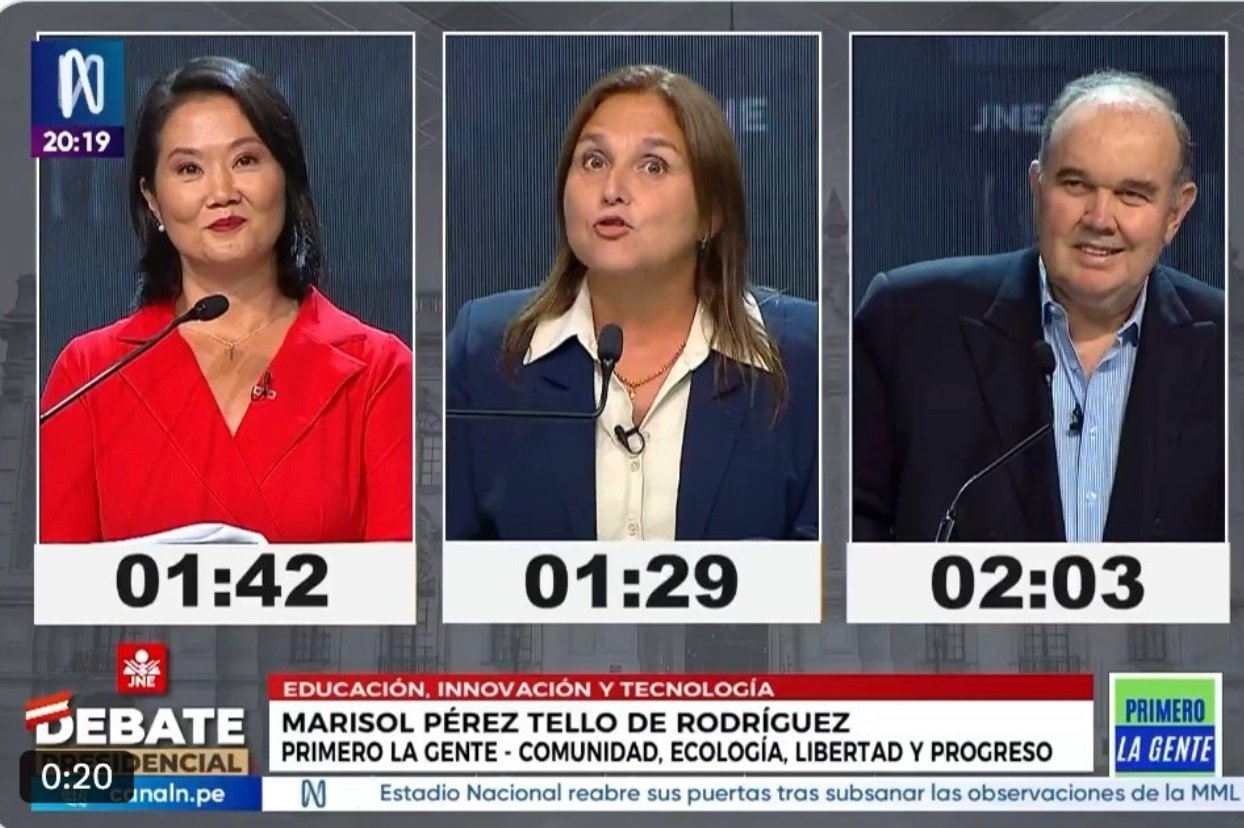 Keiko Fujimori (a la izquierda del todo) y Rafael López Aliaga (a la derecha), durante un debate