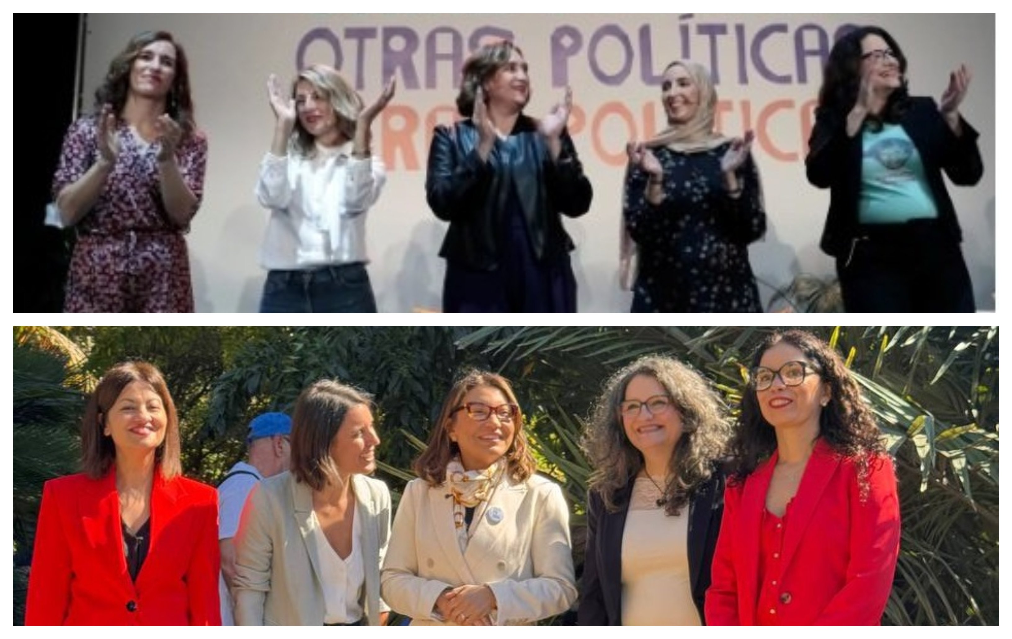 Arriba,  'A festa dos callos', con Mónica Oltra, junto a Mónica García, Ada Colau y Fatima Hamed, lideradas entonces por la sin par Yolandísima. Debajo la nueva edición, con Irene Montero o Sira Rego