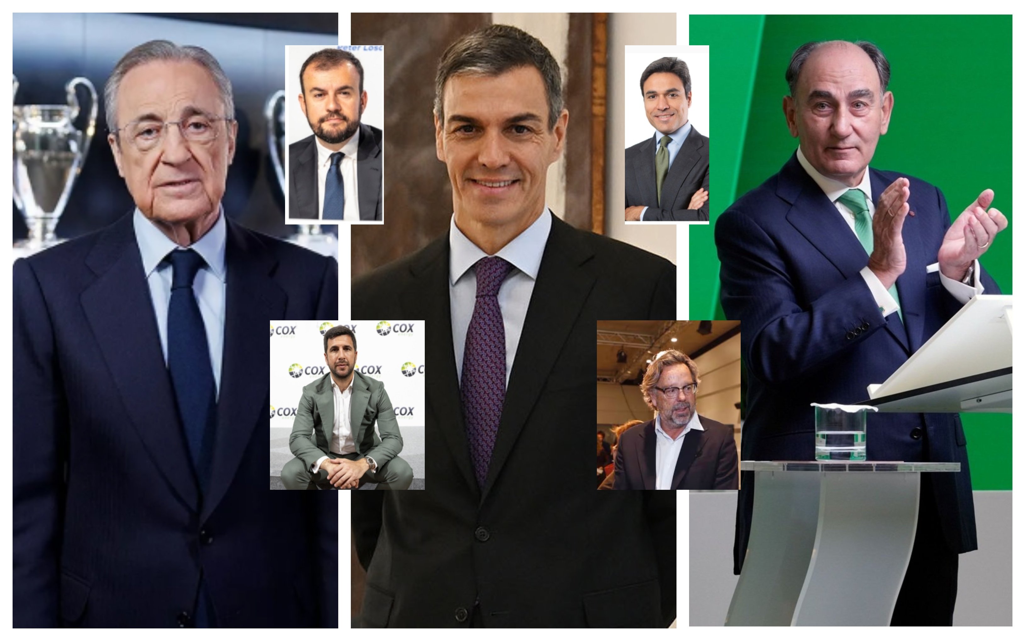 Florentino Pérez, Sánchez y Galán y, en el centro, de izquierda a derecha y de arriba a abajo: Carlos Ocaña, David Mesonero, Enrique Riquelme y Andrés Valera Entrecanales