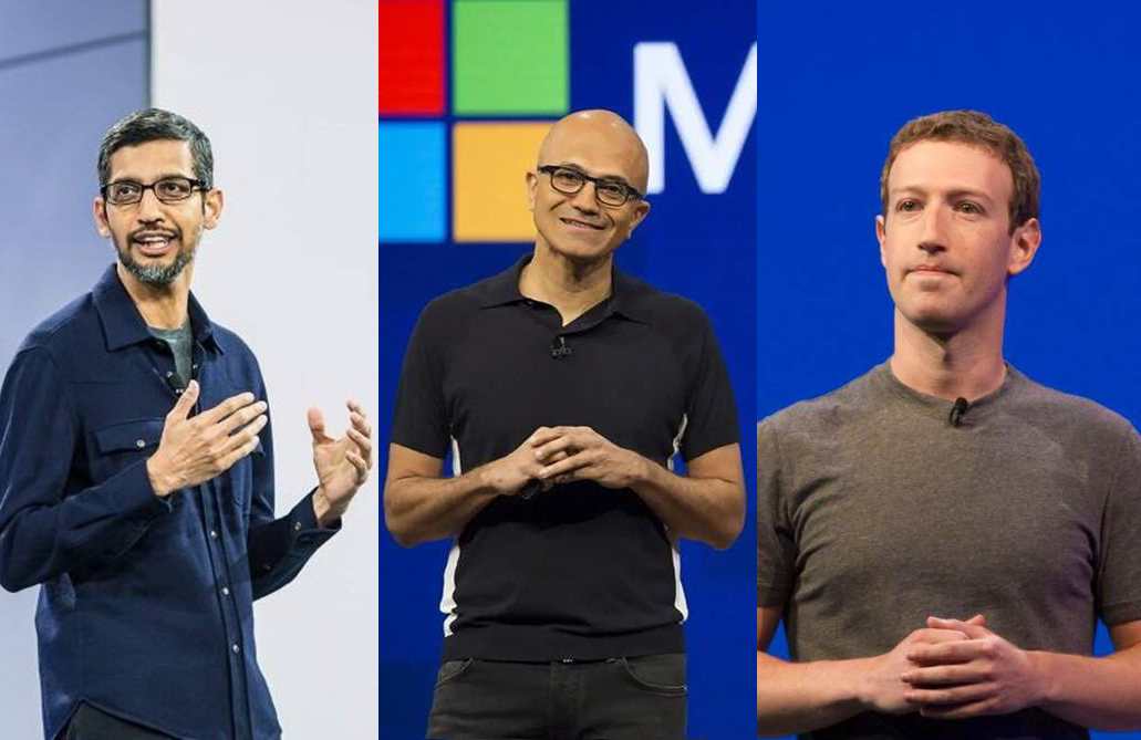 Sundar Pichai, Ceo de Alphabet, Satya Nadella, Ceo de Microsoft, y Zuckerberg, Ceo de Meta