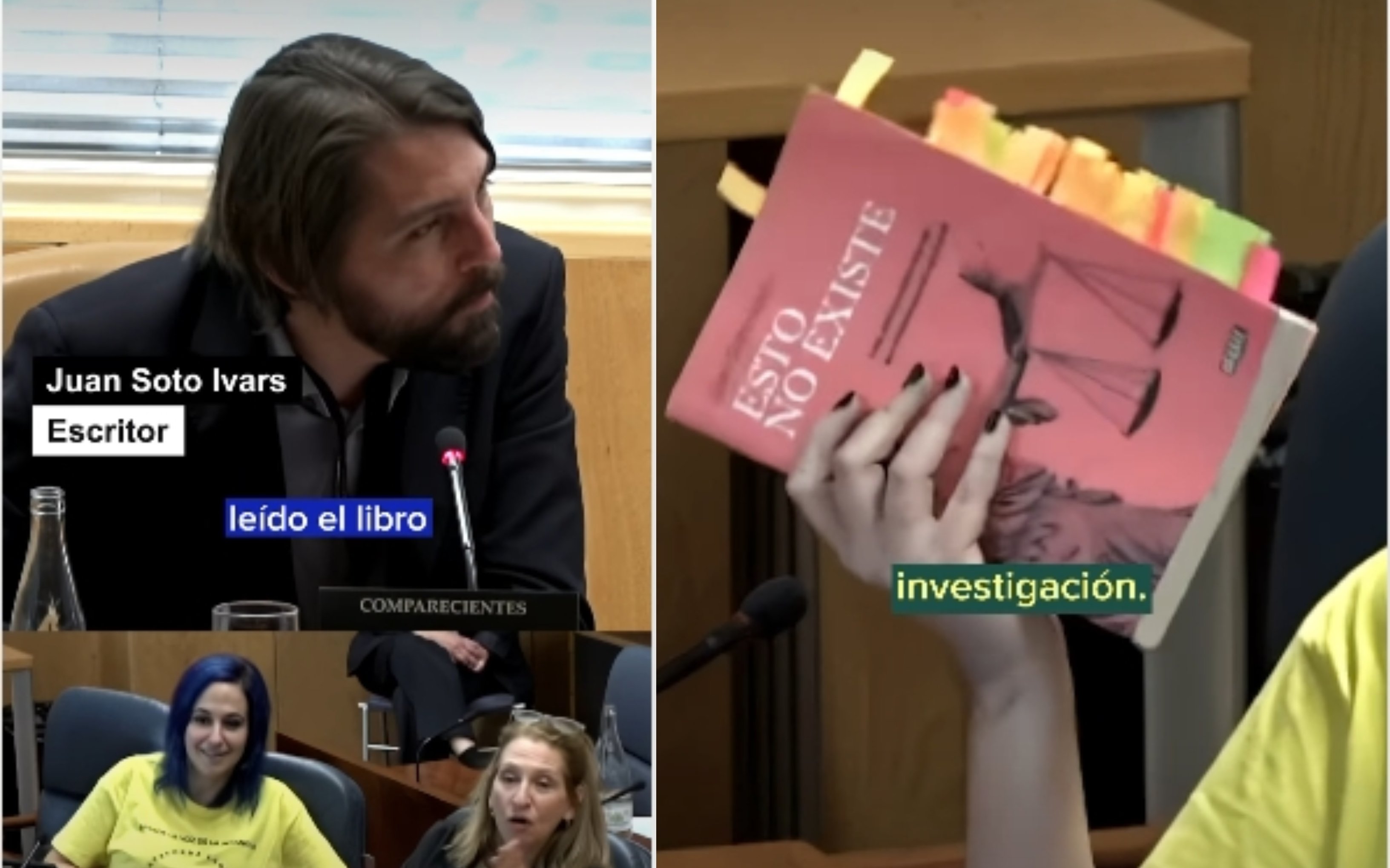 El periodista Juan Soto Ivars se encontró enfrente se encontró a la diputada de Más Madrid a quién 'halagó': "te ha quedado precioso", ya que Carmona había llenado el libro de Ivars de papelitos de colores que señalaban según ella, "falacias", "datos erróneos" o "errores metodológicos"