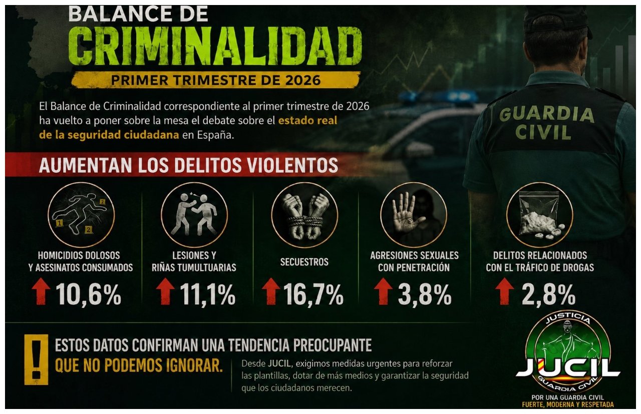 Desde Jucil analizan ese Balance de Criminalidad correspondiente al primer trimestre de 2026 que, según la asociación mayoritaria de la Guardia Civil, "ha vuelto a poner sobre la mesa el debate sobre el estado real de la seguridad ciudadana en España"