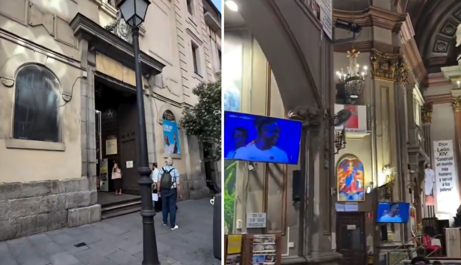 Las pantallas, distribuidas en la nave central de la iglesian, están encendidas retransmitiendo los partidos de la selección española, y así va a seguir "hasta que quedemos campeones"