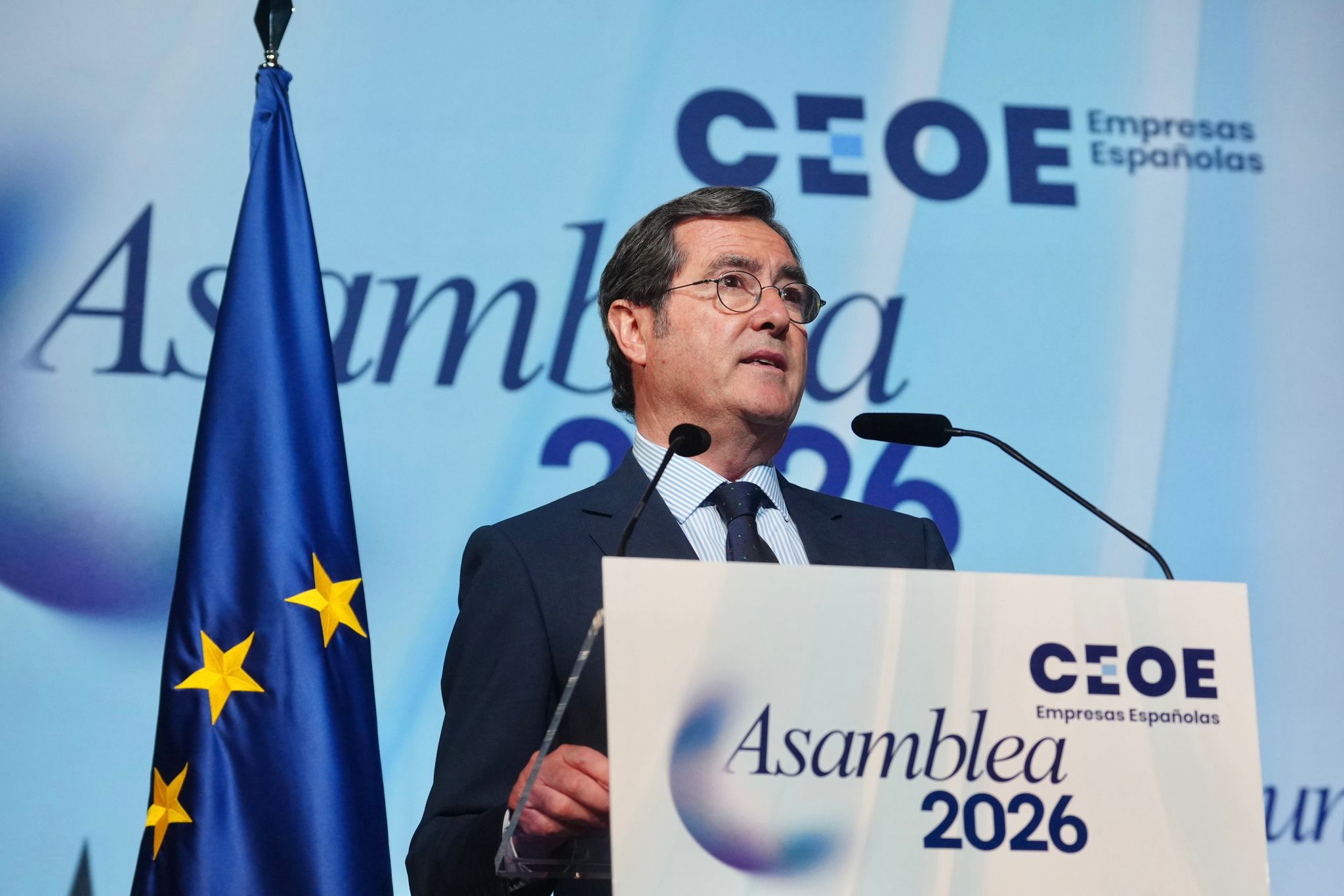 El presidente de la CEOE, Antonio Garamendi, durante su intervención en la Asamblea general de la institución