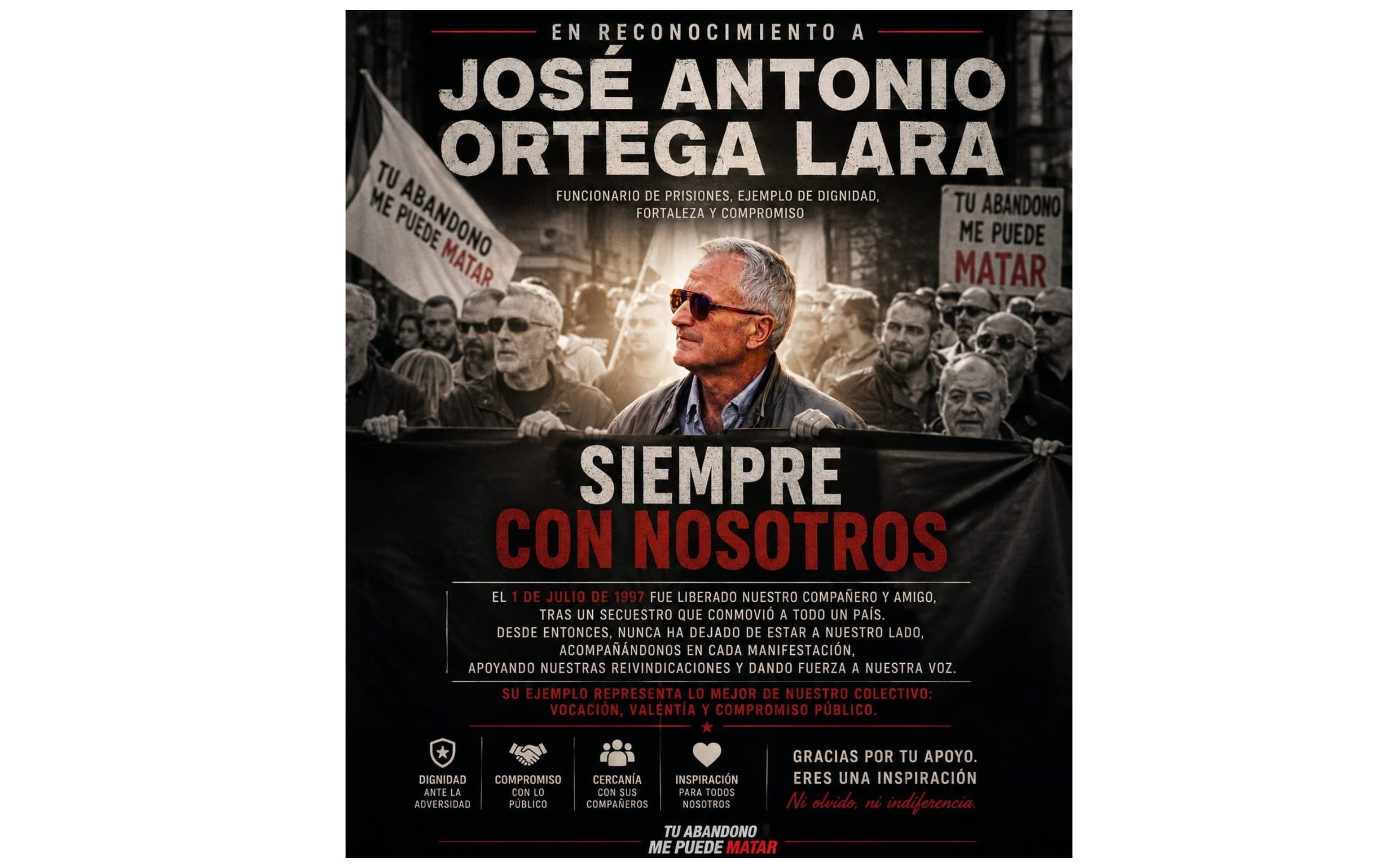 Desde su liberación, tras 532 días de cautiverio, secuestrado por ETA, nunca ha dejado de apoyar a los trabajadores de prisiones, que hoy le homenajean, dando voz a quienes más lo necesitan y representando lo mejor del servicio público: vocación, valentía y compromiso