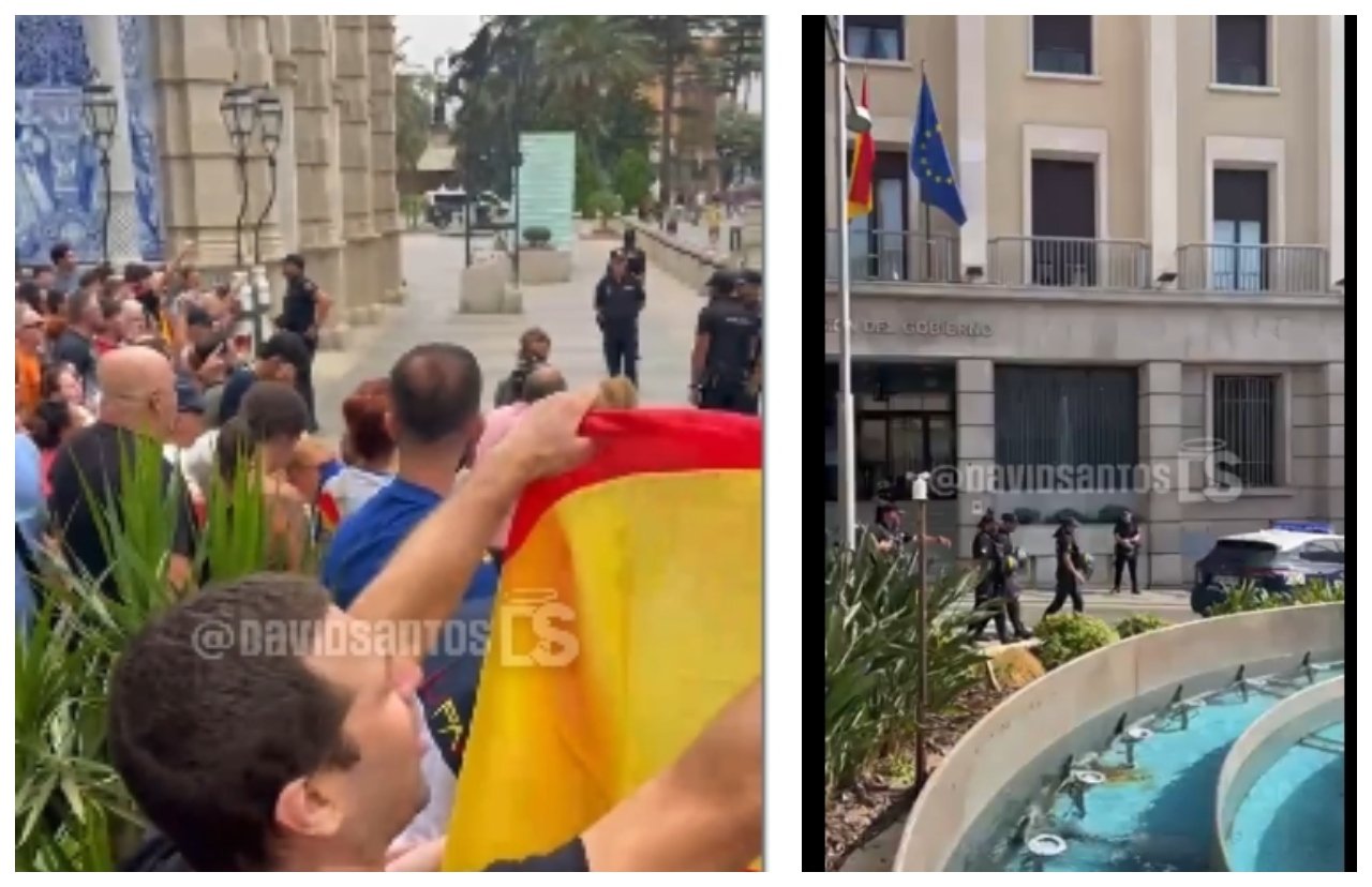 Invasión de Ceuta. Cientos de personas se manifiestan en la puerta de la Delegación de Gobierno al grito de: "Pedro Sánchez ¡Hijo de p***!"