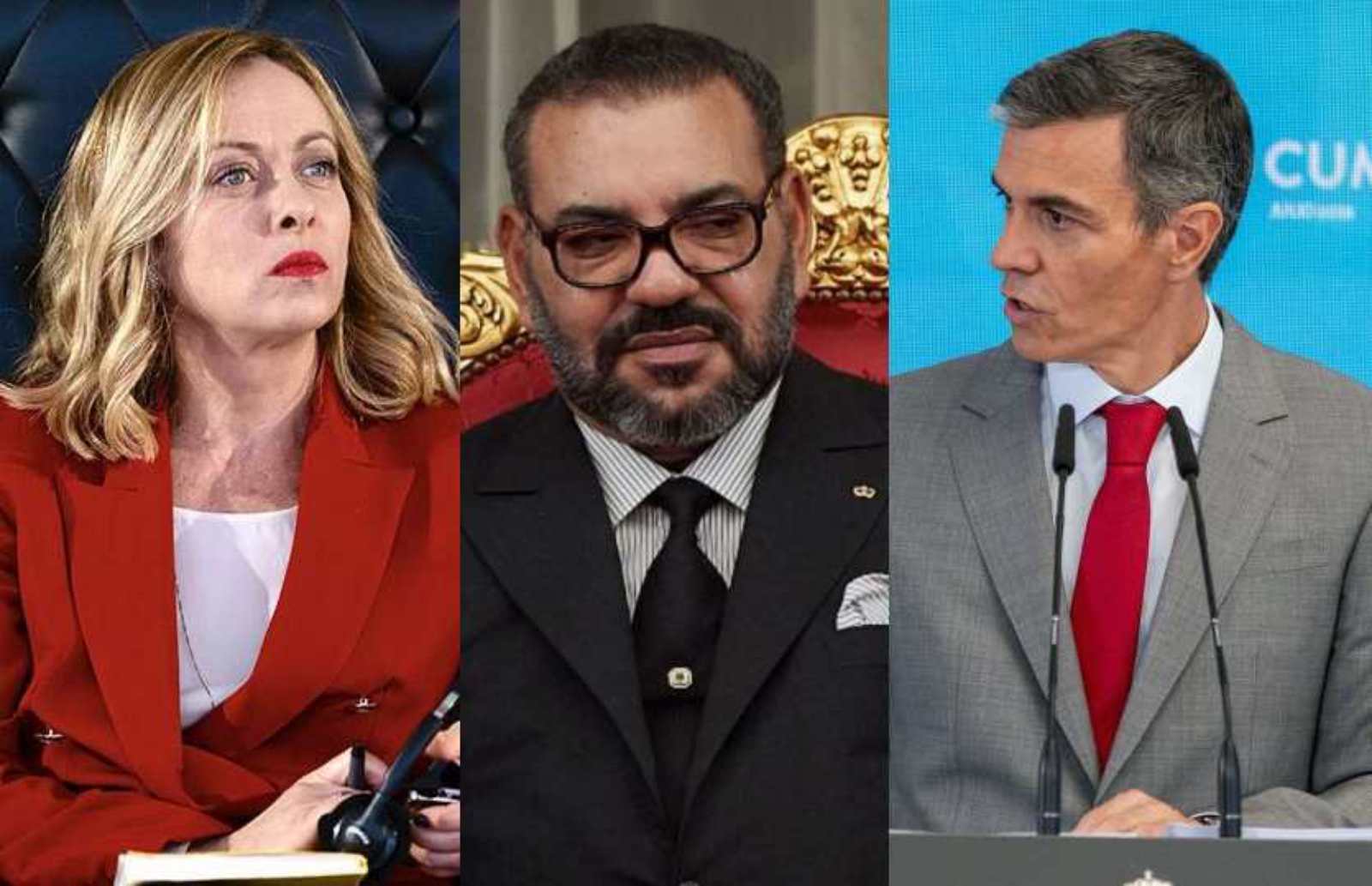 La primera ministra italiana, Giorgia Meloni; el rey de Marruecos, Mohamed VI; y el presidente español, Pedro Sánchez