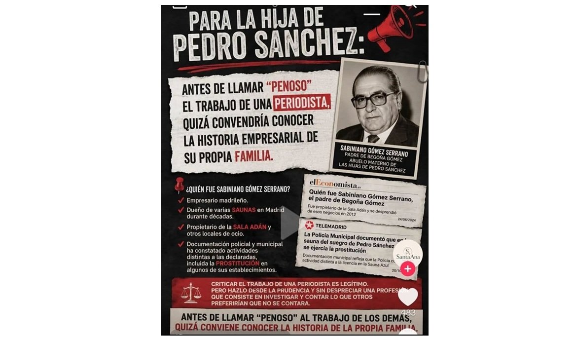 Mensaje para la hija de Pedro Sánchez y nieta de Sabiniano Gómez que considera penoso el trabajo de periodista