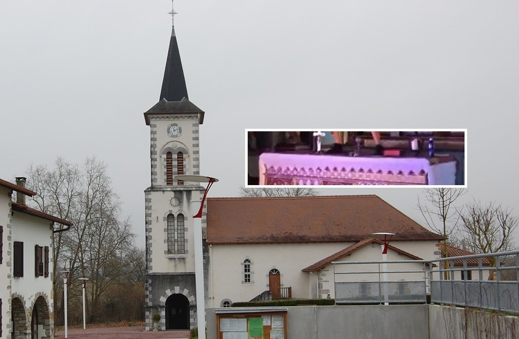 Iglesia de San Lorenzo en Arbérats Sillègue (Francia) y altar sobre el que la guarrita de Ane Lindane simuló una masturbación