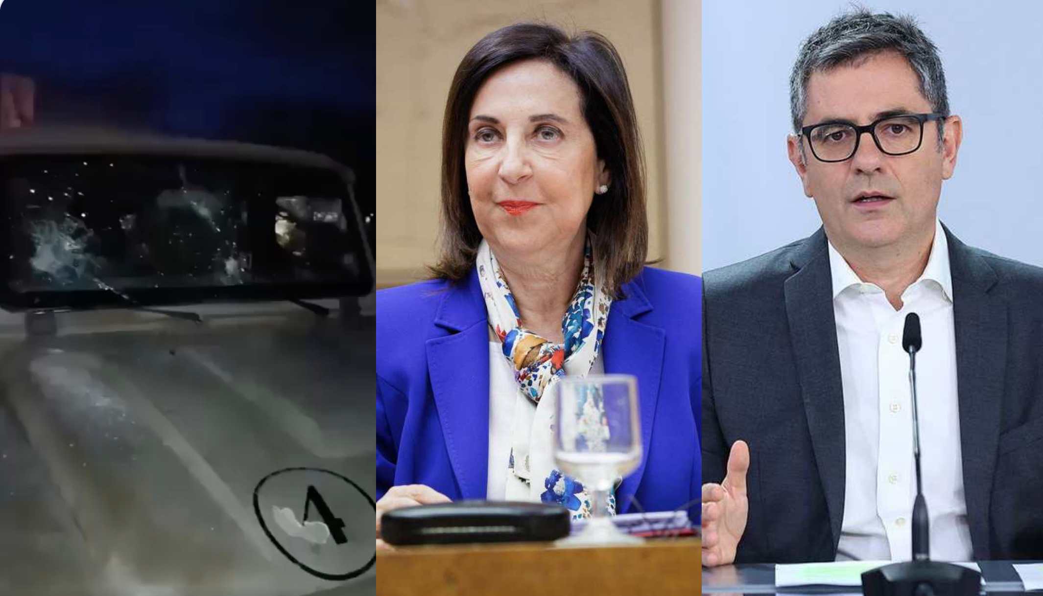 Margarita Robles y Félix Bolaños junto al vehículo militar apedreado esta madrugada, en Ceuta