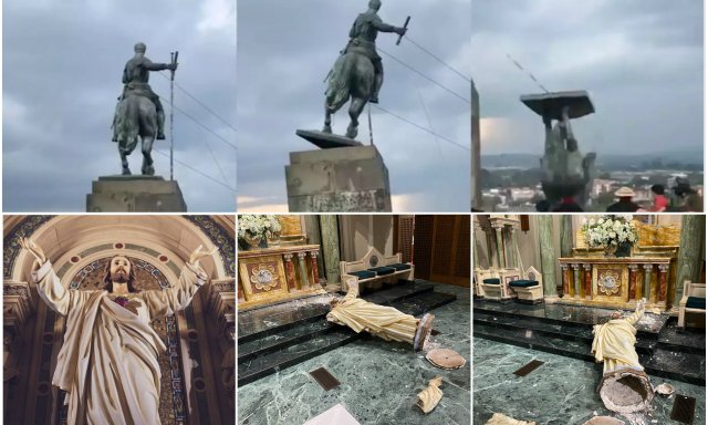 Atacan otra catedral en EE.UU. y destruyen una valiosa imagen del Sagrado Corazón... mientras, en Colombia, indígenas derriban una estatua de un conquistador español... ¿más secuelas del Black Lives Matter?
