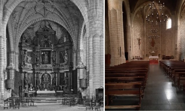 La nave central y el presbiterio de la iglesia de Pareja antes de la guerra con retablo y cómo están actualmente