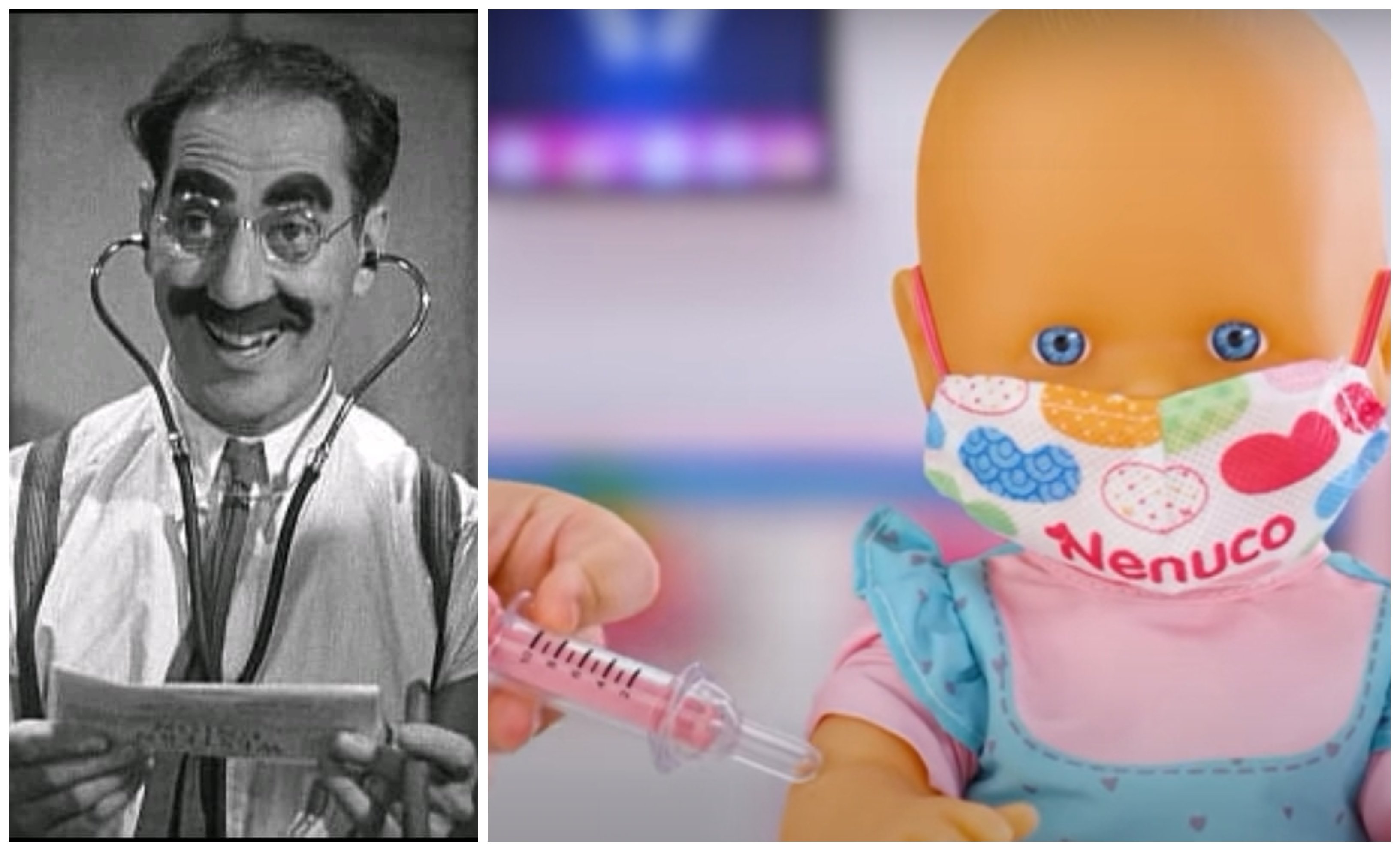 Groucho Marx anticipó las consecuencias de llevar el bozal demasiado tiempo, se anticipó en el tiempo. ¡Qué grande era Groucho! Y mientras, los muñecos de Nenuco todos vacunados