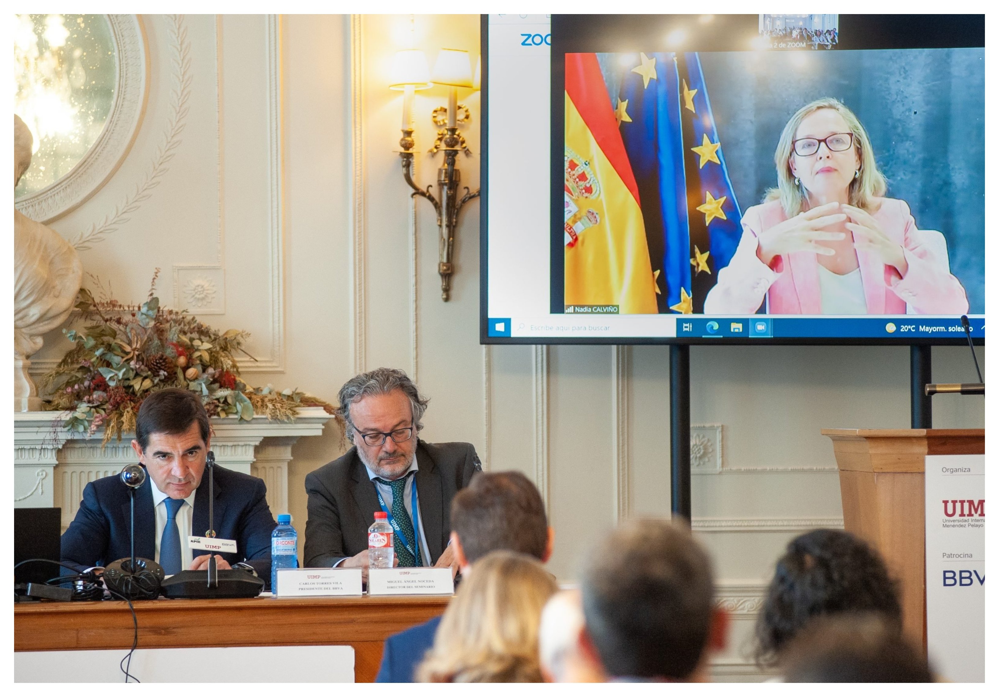 Nadia Calviño durante su intervención, vía internet... y sin preguntas Nadia Calviño durante su intervención, vía internet... y sin preguntas