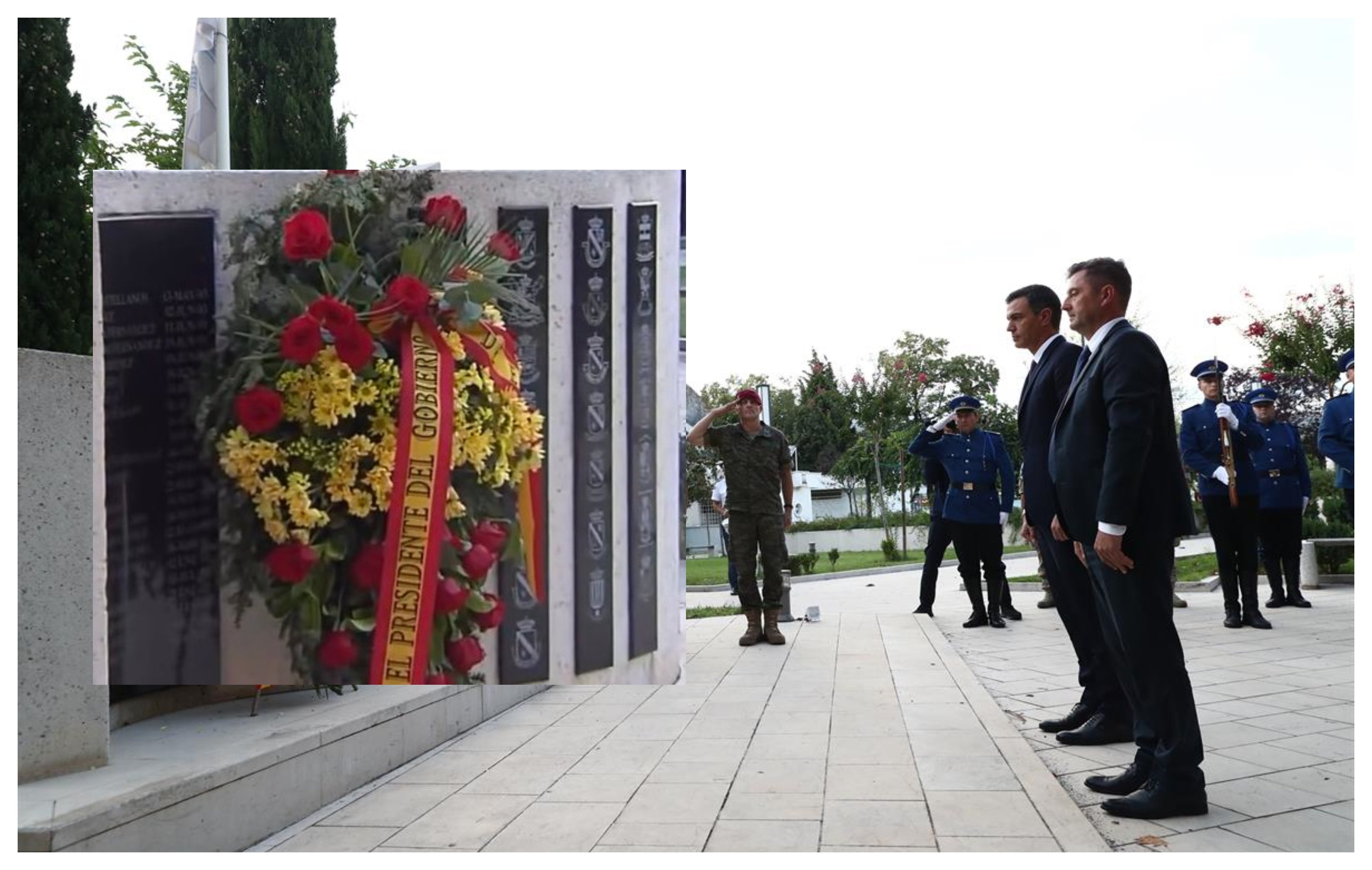 Sánchez homenajea a los soldados caídos en Mostar con una corona con la inscripción: "El presidente del Gobierno"