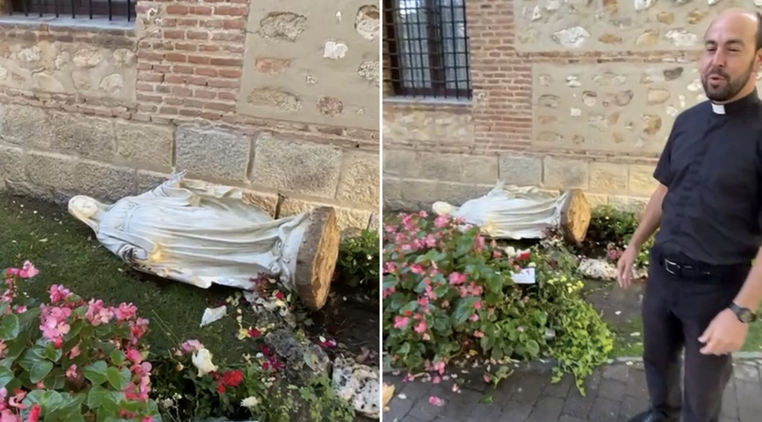 en Las Rozas, también se produjo un ataque a una imagen de la Virgen, en los jardines que rodean la parroquia de San Miguel en Las Rozas, también se produjo un ataque a una imagen de la Virgen, en los jardines que rodean la parroquia de San Miguel