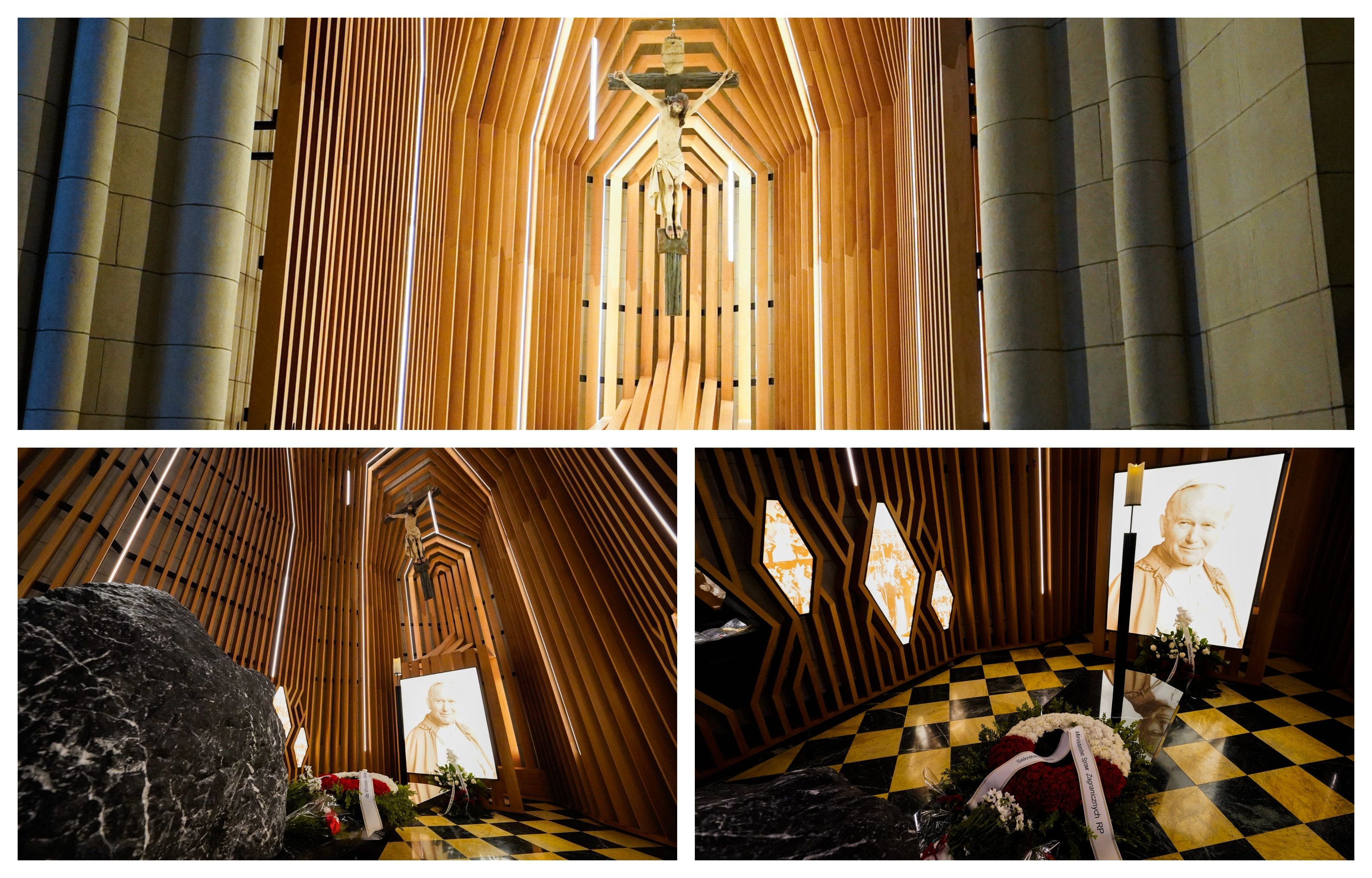 Con el papa santo en el suelo y una especie de decoración óptica donde menos mal que hay un crucifijo porque, de otro modo, podríamos pensar que más que ante una capilla católica estamos ante un discopub Con el papa santo en el suelo y una especie de decoración óptica donde menos mal que hay un crucifijo porque, de otro modo, podríamos pensar que más que ante una capilla católica estamos ante un discopub