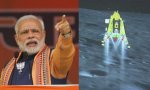 Narendra Modi, primer ministro de la India y fundamentalista hindú, y el módulo Vikram alunizando en el polo sur de la Luna