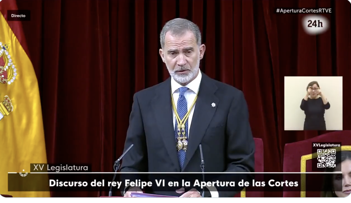 Felipe VI, ha pronunciado el discurso de apertura de la XV legislatura llamando a superar las "divisiones" y los "enfrentamientos" Felipe VI, ha pronunciado el discurso de apertura de la XV legislatura llamando a superar las "divisiones" y los "enfrentamientos"